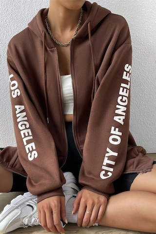 Modagen Kadın Kahverengi Kol Los Angeles Baskılı Detaylı Kapüşonlu Hırka Kahve