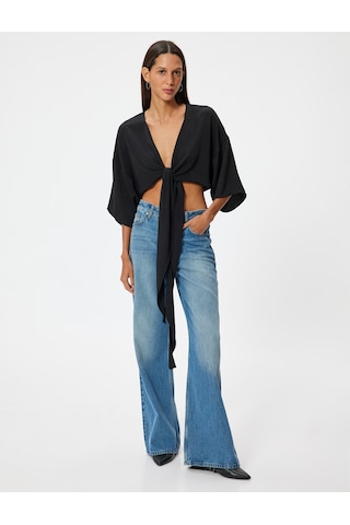 Koton Crop Üst V Yaka Bağlama Detaylı Oversize Kimono Kol Siyah 4sal50001ıw Siyah