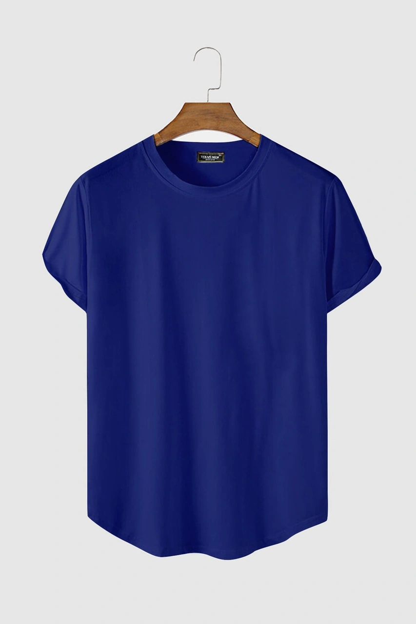 Veaven Erkek Mavi Kolları Katlı Oval Kesim Cepsiz Bisiklet Yaka T-shirt Mavi