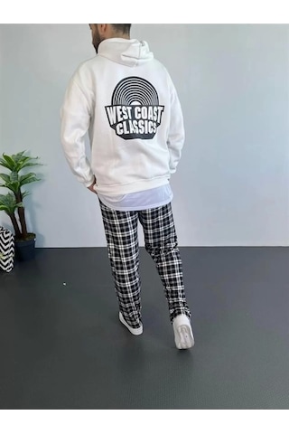 Erkek Baskılı Üç İplik Kapüşonlu Oversize Sweatshirt - Beyaz Beyaz