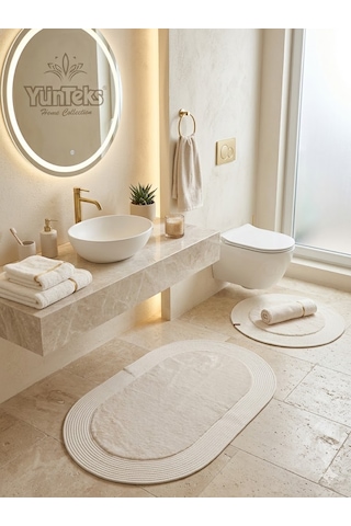 Rabbit Soft Hasır Dekoratif Klozet Takımı / Banyo Paspası / Modern / Şık /lüx / Banyo Halısı Krem