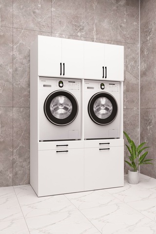 Mdf Çamaşır Makinesi Ve Kurutma Makinesi Dolabı Çift Sepetli Beyaz