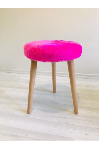 Neta Home Ahşap Ayak Dekoratif Fuşya Pelüş Puf Tabure Bench Yuvarlak Koltuk Sandalye Pembe