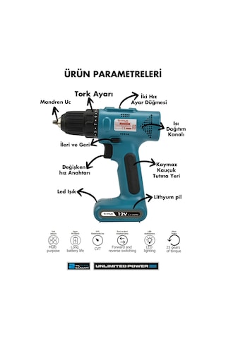 Assur ASR002 12V Usb Şarjlı Matkap Vidalama Dahili Batarya Mavi
