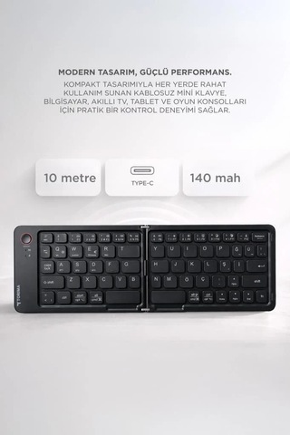 Ofis Aksesuar Mobil Kablosuz Klavye Bluetooth Katlanabilir Şarjlı Mini Klavye Tk08 Siyah