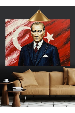 Bayrak Önünde Atatürk Portre Dekoratif Kanvas - Mdf Ahşap Tablo