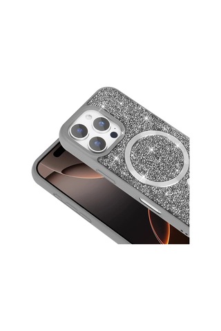 Apple Uyumlu iPhone 16 Pro Max Kılıf Pırlanta Tasarımlı M-safe Şarj Özellikli Mozaik Silikon Kılıf Titanyum-gri