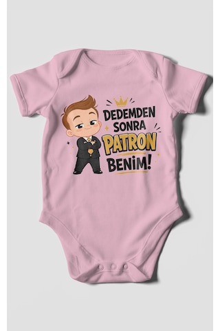 Morivokids Dedemden Sonra Patron Benim Kısa Kollu Bebek Body %100 Pamuk Koyu Pembe