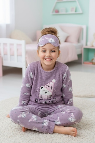 Kız Çocuk Welsoft Kumaş-göz Bantlı Ve Kardan Adam Temalı Pijama Takımı 12439 Lila