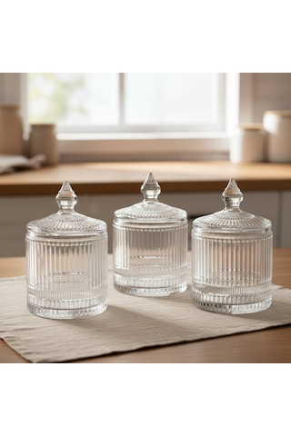3'lü Line Çizgi Desen Kapaklı Cam Kavanoz Takımı 3 X 325 Ml. ŞEffaf