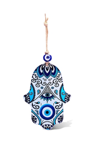 İlyasoğlu Hamsa Cam Nazar Boncuklu Renkli Desenli Duvar Süsü 18x11cm