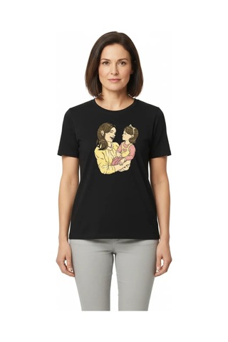 Novalisse Anneler Günü Hediye Anne Kız Temalı Baskılı Oversize Bisiklet Yaka T-shirt - Siyah Çoklu Renk