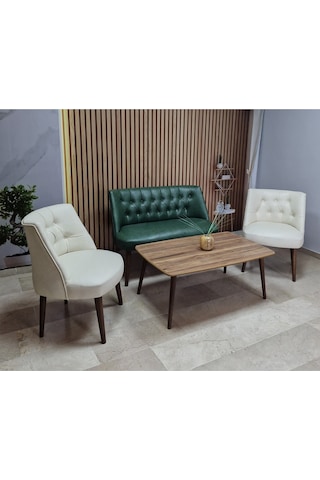 Azra Mobilya Deri Çay Seti Koltuk Takımı + Sehpa - Oturma Grubu - Cafe Mobilya - Ofis Mobilya - Balkon Mobilya Yeşil-krem