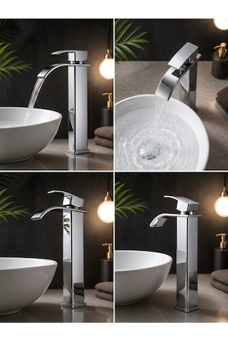 Krom Şelale Lavabo Bataryası Uzun Çanak Lavabo Musluğu Modern Çift Su Girişli Banyo Musluğu