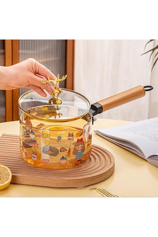 Borosilikat Cam Amber Geyik Kapaklı Sos Tenceresi - Yumurta Tenceresi 1500 Ml Amber