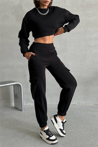 Dip Moda Kadın Bisiklet Yaka Crop Eşofman Takımı Dpnbg041 Siyah
