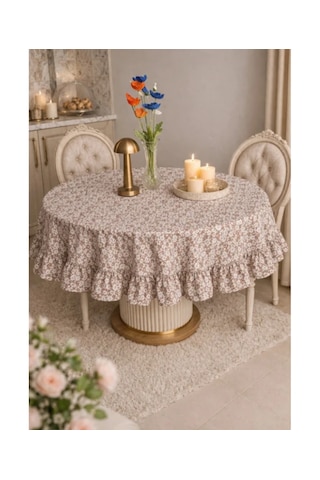 Fırfırlı Yuvarlak Masa Örtüsü Vintage 130 X 130 Cm Bej