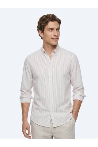 Kip Bej Çizgili Regular Fit Uzun Dokuma Casual %100 Pamuk Gömlek