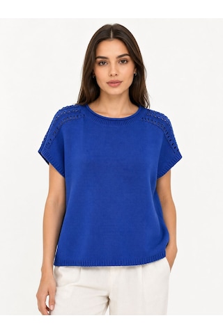 Neden Tekstil Kadın Mavi Triko Kısa Kol T-shirt - Lacivert