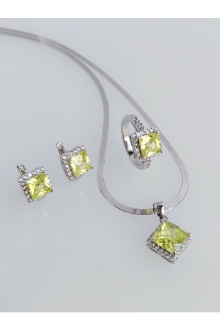 925 Ayar Gümüş Zebercet Peridot Doğal Taşlı Baget Tasarım Kadın Mücevher Set Kolye Küpe Yüzük S.255
