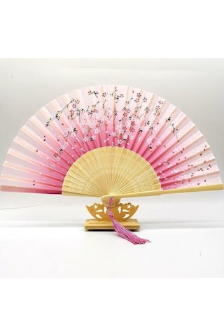 Beluga Yelpaze Bambu Kumaş Serinletici Vintage Pembe Çiçekli Şık Dekorasyon Püsküllü Japon Yelpaze 0389