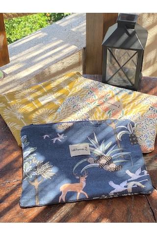 İdiluna Hardal Rengi Palmiye Desenli, Fermuarlı Çok Amaçlı Clutch / Tablet Çantası Hardal Kahve
