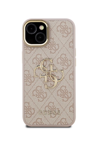 Apple Uyumlu iPhone 15 Kılıf Guess Lisanslı Metal 4g Ve Yazı Logolu Kamera Standlı Kapak Pembe
