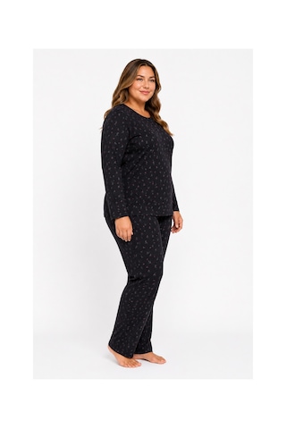 Sleeproom Büyük Beden Kadın Mevsimlik Pointiel Çiçek Desen Pijama Takımı Siyah