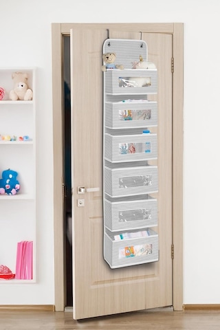 6 Katlı Kapı Arkası Düzenleyici Raf Bebek Eşyası Çocuk Odası Banyo Organizer Gri - Beyaz Çizgili Diğer