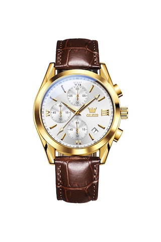 Olevs 2872 Erkekler Üç Göz Altı İğne Kronograf Su Geçirmez Kuvars Saat Beyaz + Altın