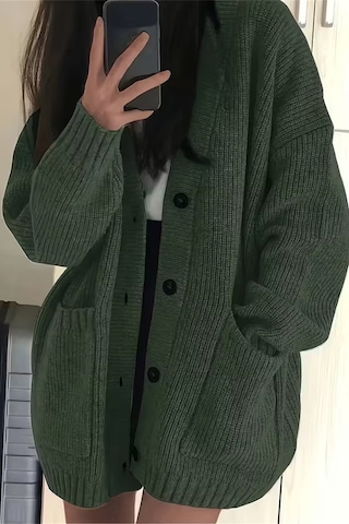 Cool Tarz Kadın Oversize Cepli Düğmeli V Yaka Triko Hırka Haki Haki
