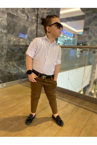 Modavals Erkek Çocuk 3 Parça Gabardin Pantolon & Gömlek & Kemer Kombin-beyaz-745236982 Taba