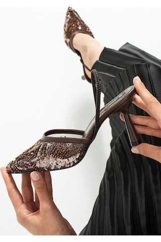 Lebibe Shoes Perıe Kahve Kadın 7 Cm Topuklu Pullu Payetli Bantlı Abiye Gelin Düğün Ayakkabısı Terliği Kahverengi