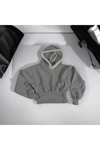 Kapüşonlu, Korse Tarzı Gri Sweatshirt. Gri