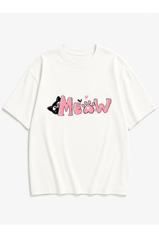 Montree Kedi Meow Baskılı Oversize %100 Pamuk Premium Tişört Beyaz