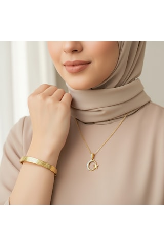 Türk Bayraklı Kolye Ve Ayetel Kürsi Bileklik Seti Gold Çelik Takı Altın