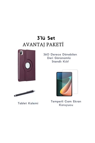 Xiaomi Uyumlu Mi Pad 5 3'lü Set Standlı Dönebilen Tablet Kılıfı + Temperli Ekran Koruyucu + Kalem Arka Kapak