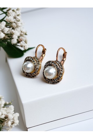 Black Diamond İ Taşlı Inci Sallantılı Küpe Gri