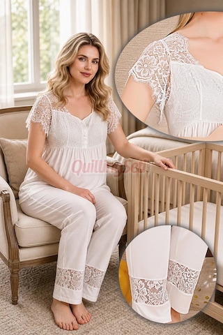 Quilling Ekru Renkli Dantel Detaylı, 33200 Kısa Kol, 2 Parça Lohusa Hamile Pijama Takımı