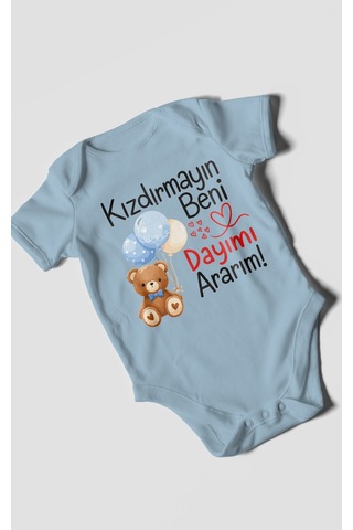 Morivokids Kızdırmayın Beni, Dayımı Ararım Kısa Kollu Bebek Body %100 Pamuk Bebe Mavisi