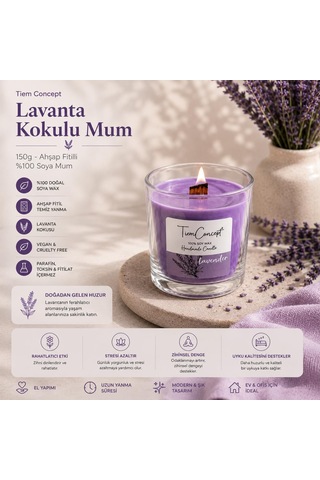 Tiem Concept Kokulu Mum - 150 Gr Ahşap Fitilli Kokulu Mum /%100 Doğal Soya Mumu / Özel Hediye Kutulu / Parafinsiz Saf Soya Wax Lavanta Diğer