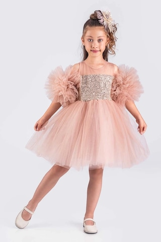 Kız Çocuk Abiye Elbise Ponpon Kol Pul Payetli Tütülü Pudra