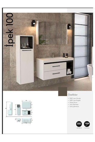 Evros İpek 100 Cm Banyo Dolabı Boy Dolabı Dahil Beyaz