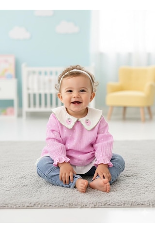 Alpbebe Çilek Yakalı Müslin Gömlekli Kot Pantolonlu 2'li Takım Pembe