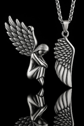 Çiftlere Özel Melek Kanadı & Diz Çöken Melek Kolye Seti Gümüş