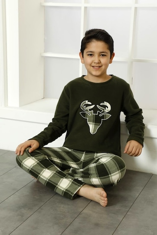 Nisanca Kışlık Baba Oğul Polar Pijama Takımı -geyikli Yılbaşı Aile Pijaması- Tek Adet Haki