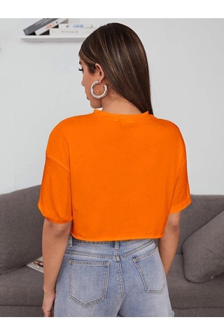 Flood Of Style Kadın Turuncu Bisiklet Yaka Oversize Crop T-shirt