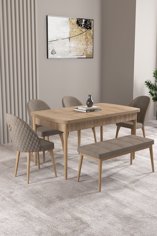 Milas Meşe Desen 80x132 Mdf Açılabilir Mutfak Masası Takımı 4 Sandalye, 1 Bench Cappucino