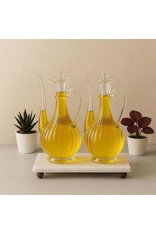 Qerhome Mermer Stantlı Borosilikat Cam Glorry Cam Yağlık 700 Ml+700 Ml Çizgili Tasarım Şeffaf