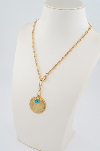 Kadın Özel Tasarım Nazar Boncuklu ve Yuvarlak Plakalı Kolye - ALTIN Gold